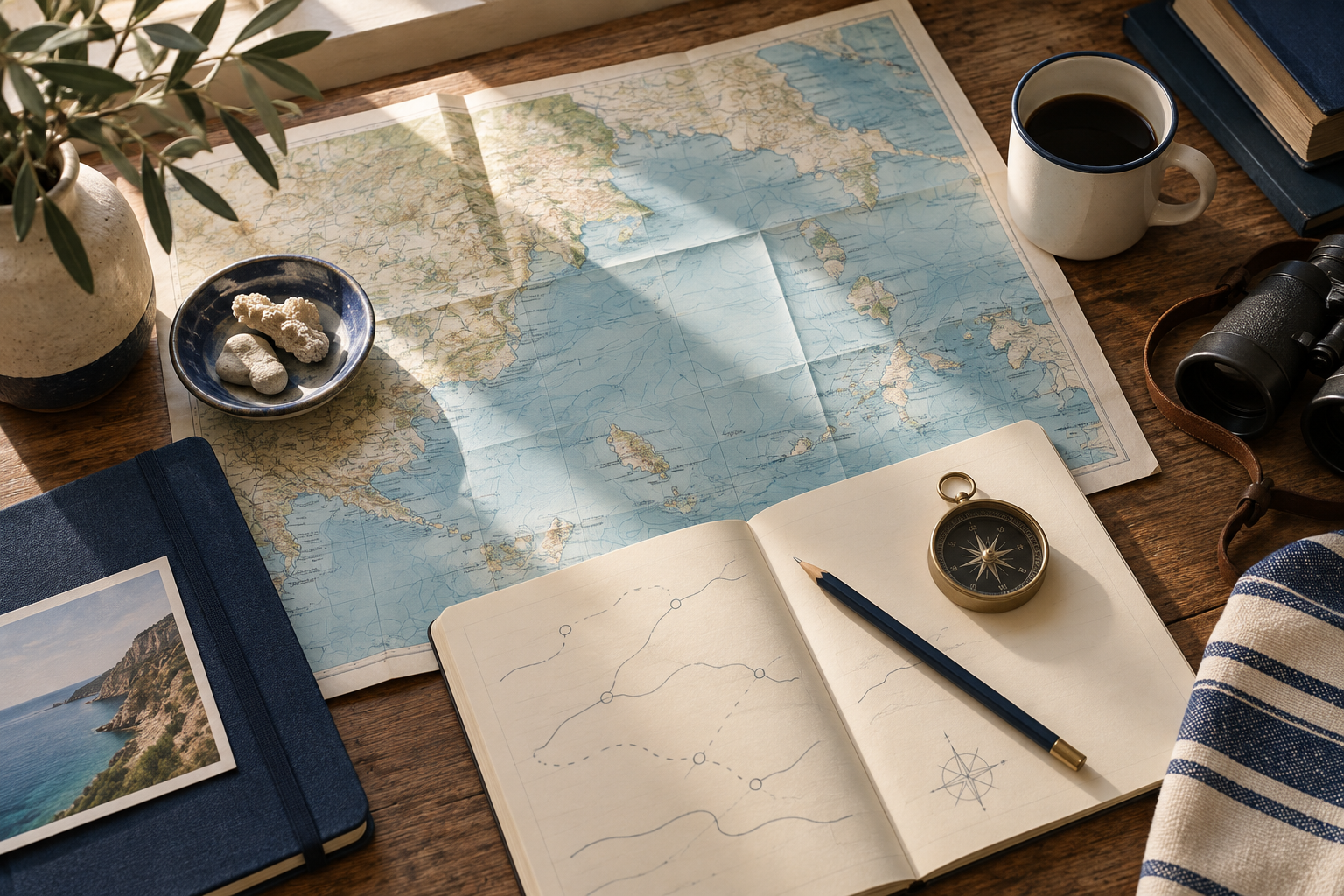 Karte, Notizbuch und Kompass als Illustration einer Reiseplanung