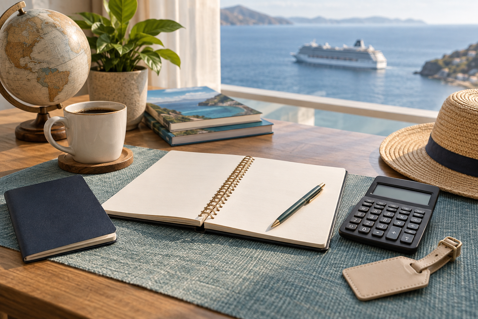 Notizbuch und Taschenrechner für die Planung des gesamten Reisebudgets